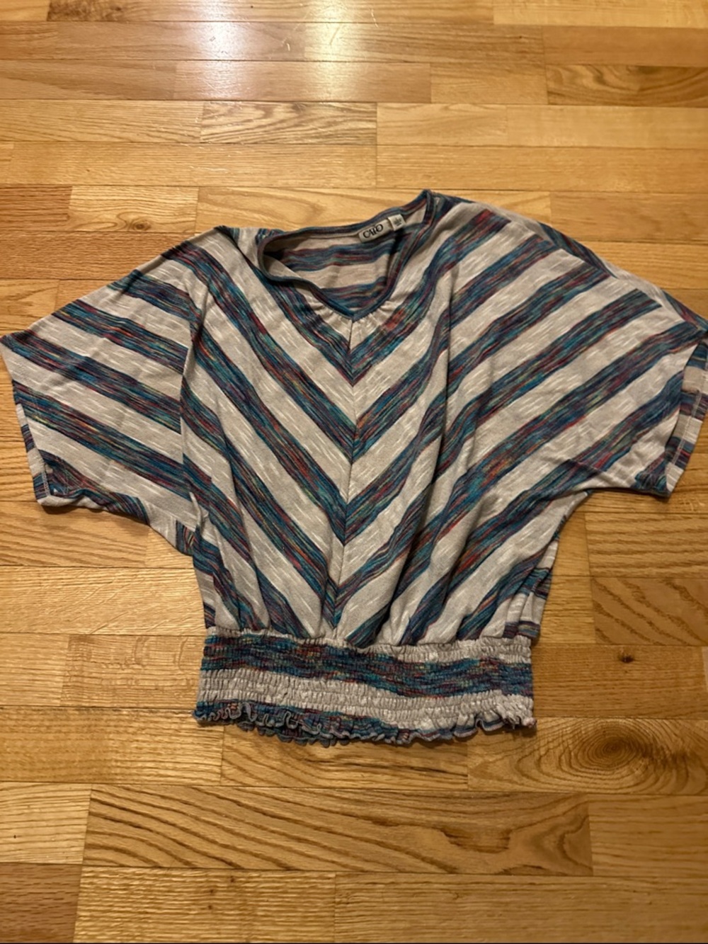 Cato Striped Smocked-Hem Crop Top - Blue, Teal, Pink